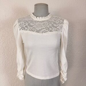 Celebrity Pink Romantic Lace Mock Neck Ribbed Blouse Medium Coquette